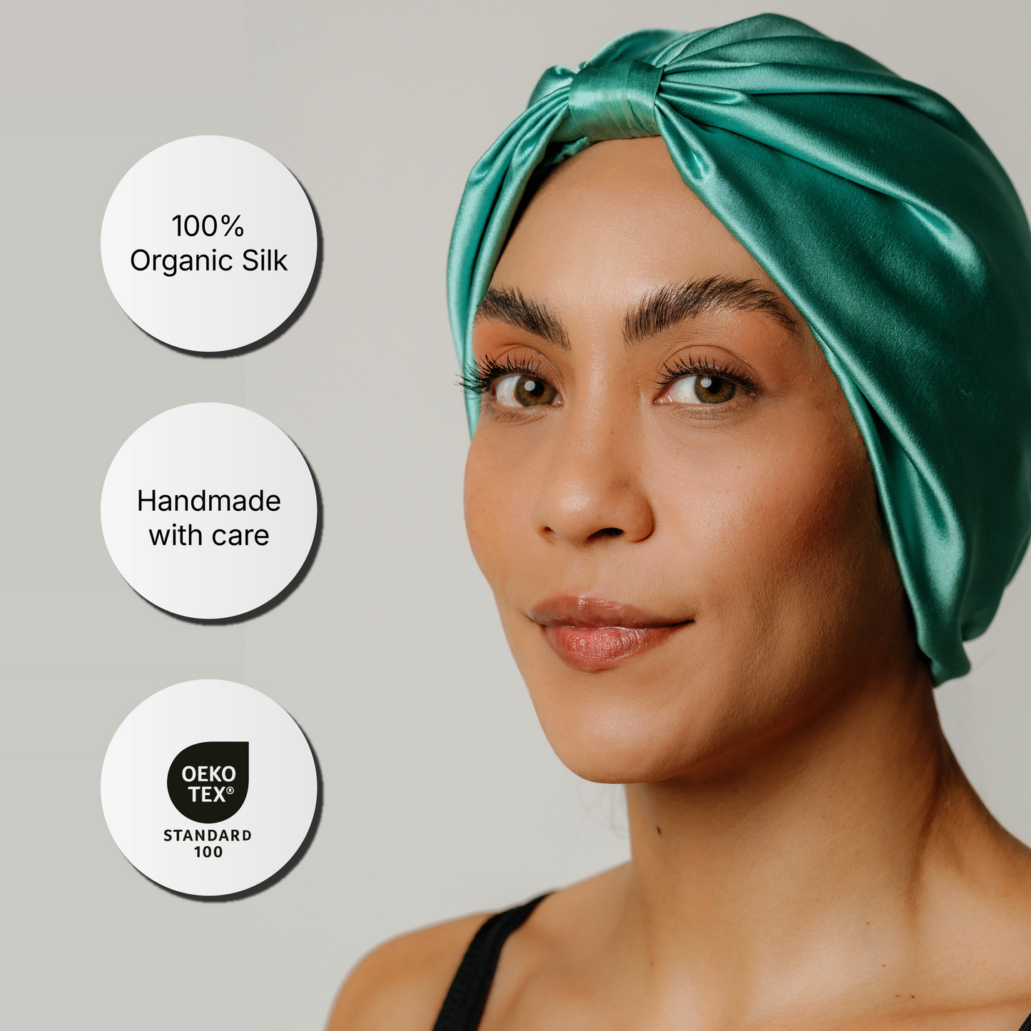 Organic Jade Green silk hair bonnet by LINA LENNOX, soft and breathable, designed to protect hair while sleeping.
