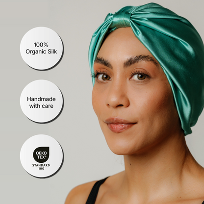 Organic Jade Green silk hair bonnet by LINA LENNOX, soft and breathable, designed to protect hair while sleeping.
