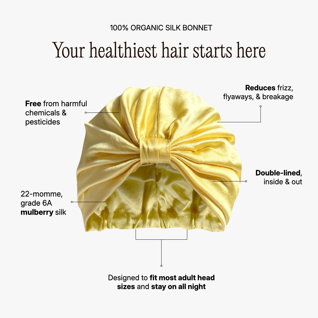 LINA LENNOX organic silk hair bonnet in sunshine yellow, soft and smooth for protecting hair while sleeping or relaxing.