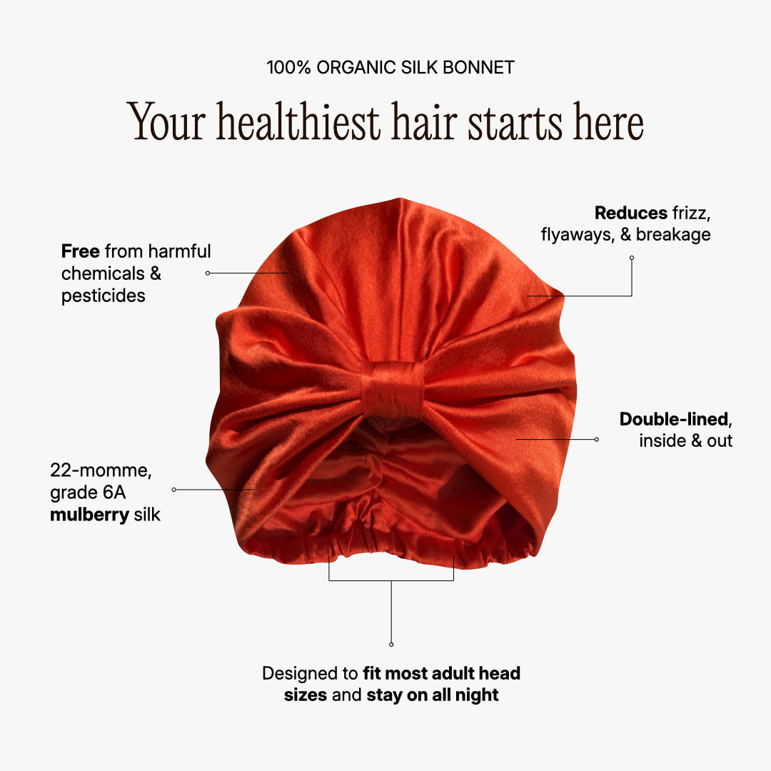 LINA LENNOX organic silk hair bonnet in vibrant tomato red, soft and smooth, designed to protect and style hair overnight.