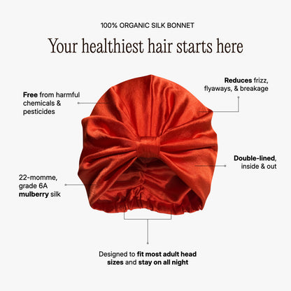 LINA LENNOX organic silk hair bonnet in vibrant tomato red, soft and smooth, designed to protect and style hair overnight.