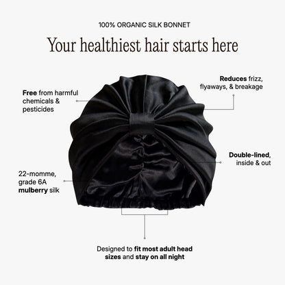 Organic silk hair bonnet by Lina Lennox in onyx black, featuring a comfortable, protective design for long-lasting hair care.