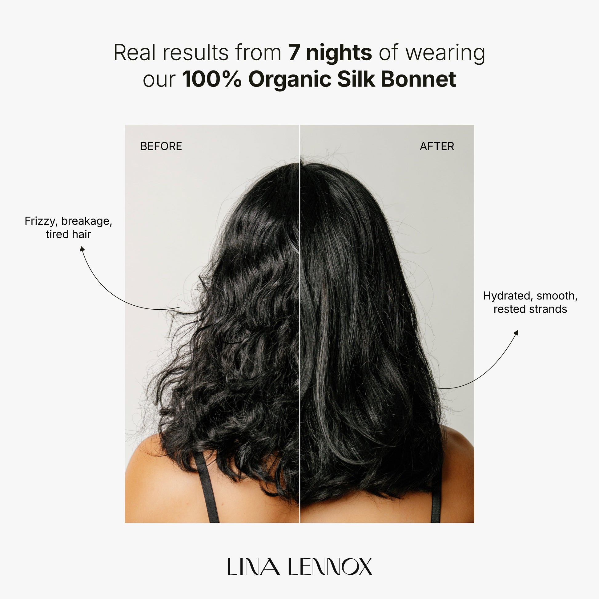 Organic silk hair bonnet by LINA LENNOX in Onyx Black, showing its smooth fabric and comfortable fit for protective hair care.
