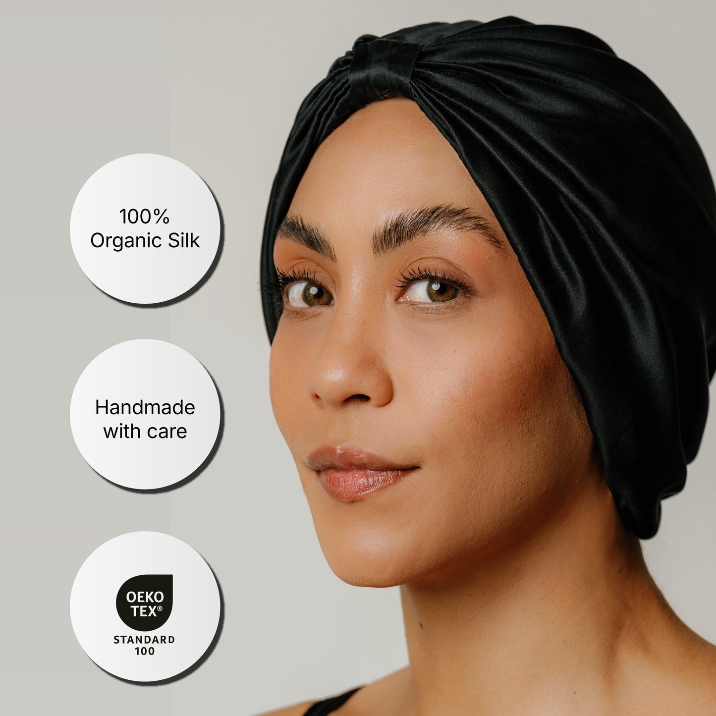 Organic silk hair bonnet by Lina Lennox in onyx black, 53-66 cm, soft and breathable for nighttime hair protection.