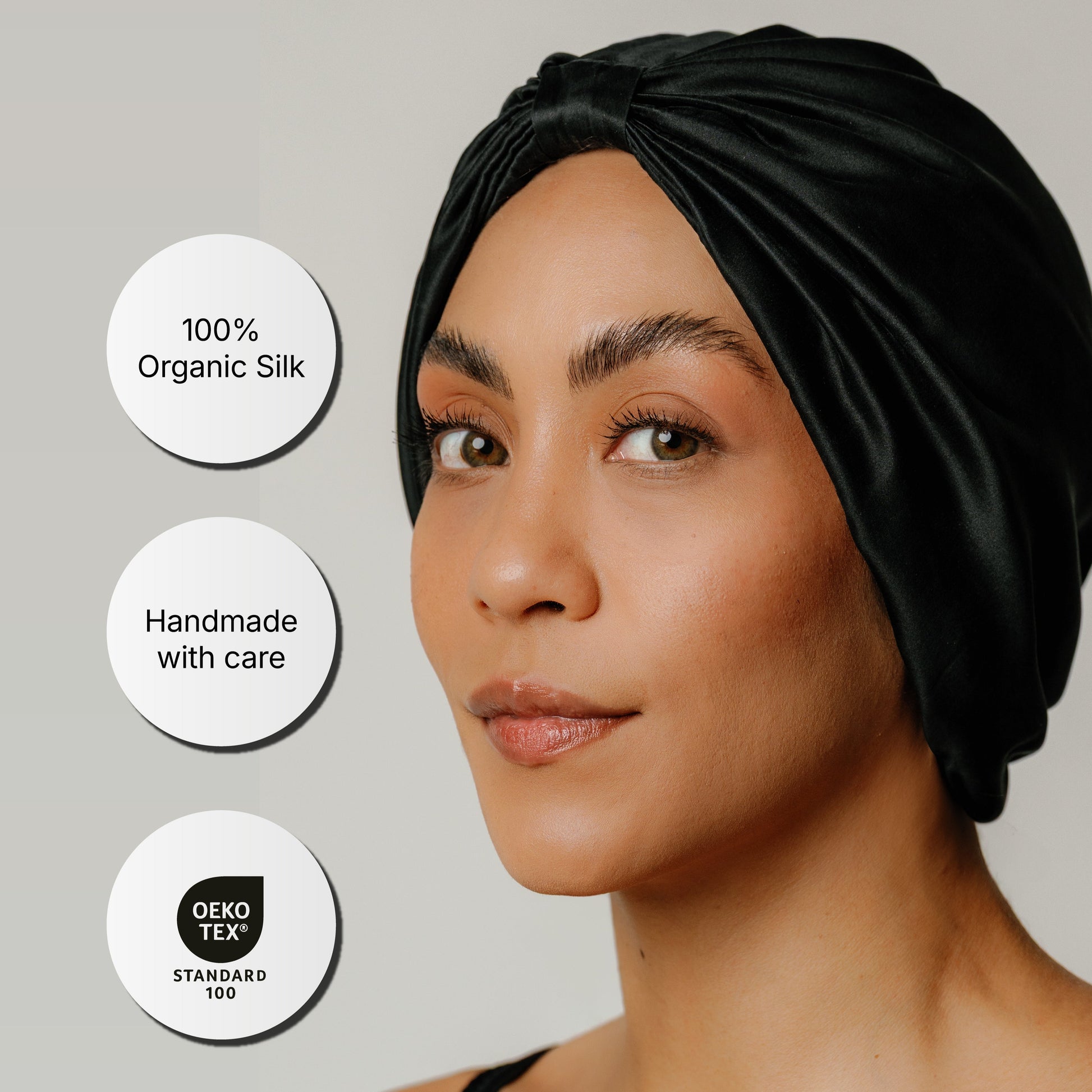 Organic silk hair bonnet by Lina Lennox in onyx black, 53-66 cm, soft and breathable for nighttime hair protection.