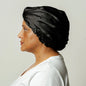Organic silk hair bonnet by LINA LENNOX in onyx black, with a 53-66 cm size, designed for gentle hair protection and style.