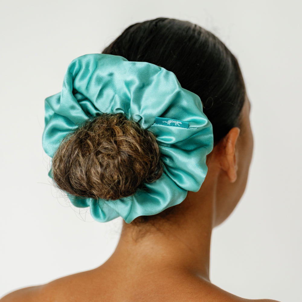 Organic silk oversized scrunchie from LINA LENNOX in jade green, soft and smooth with a luxurious, natural look.