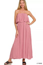 Light pink Zenana woven crinkle strapless maxi dress from Trendsi, featuring a flowing silhouette and elegant design.