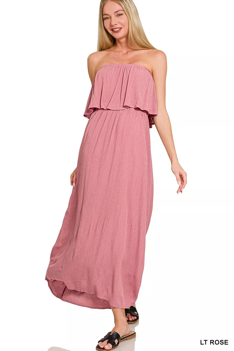 Light pink Zenana woven crinkle strapless maxi dress with a flowy silhouette, perfect for summer wear.