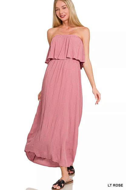Light pink Zenana woven crinkle strapless maxi dress with a flowy silhouette, perfect for summer wear.