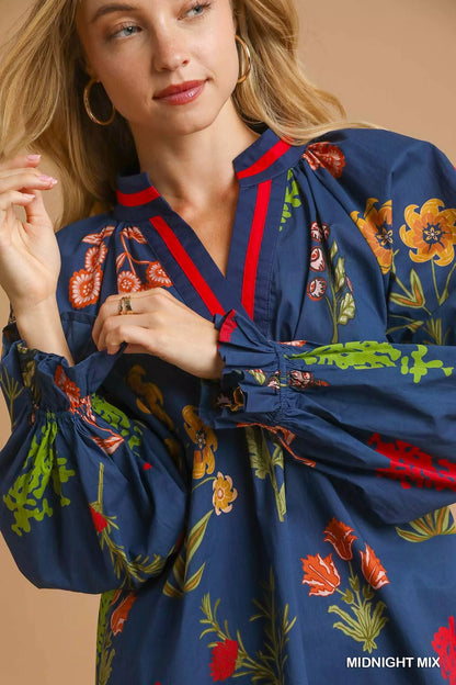 Midnight floral print Umgee blouse with flounce sleeves, casual women's top, trendy and comfortable for everyday wear.