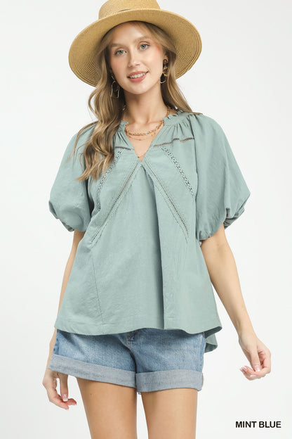 Mint blue Umgee lace inset puff sleeve boho blouse with relaxed fit and floral details, perfect for casual or bohemian style.