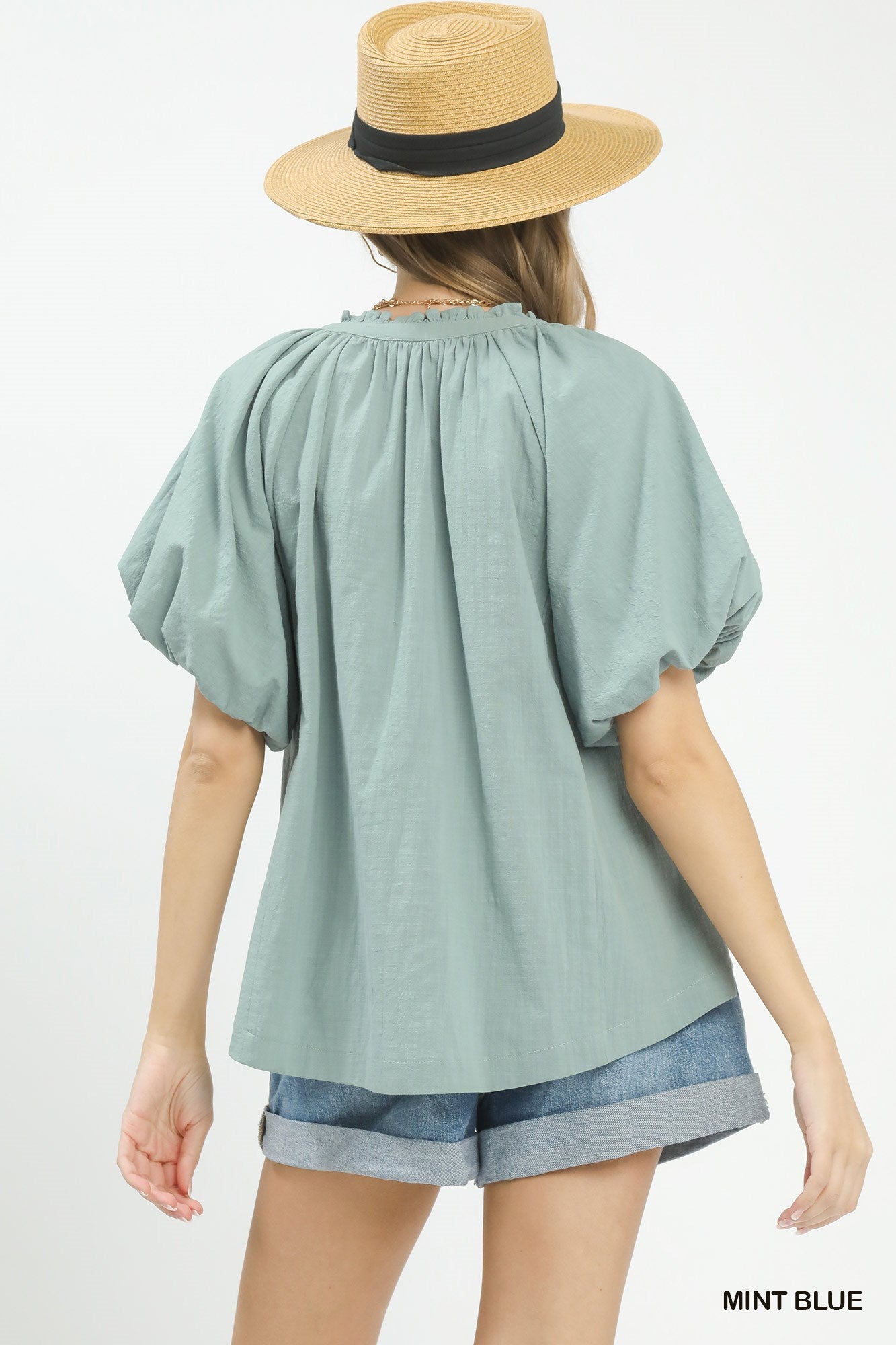 Mint blue Umgee boho blouse with lace inset and puff sleeves, stylish trendy top for casual or boho-chic outfits.