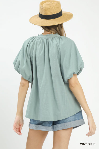 Mint blue Umgee boho blouse with lace inset and puff sleeves, stylish trendy top for casual or boho-chic outfits.