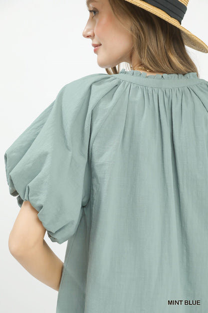Mint blue Umgee lace inset puff sleeve boho blouse with relaxed fit and feminine details, perfect for casual and bohemian styles.