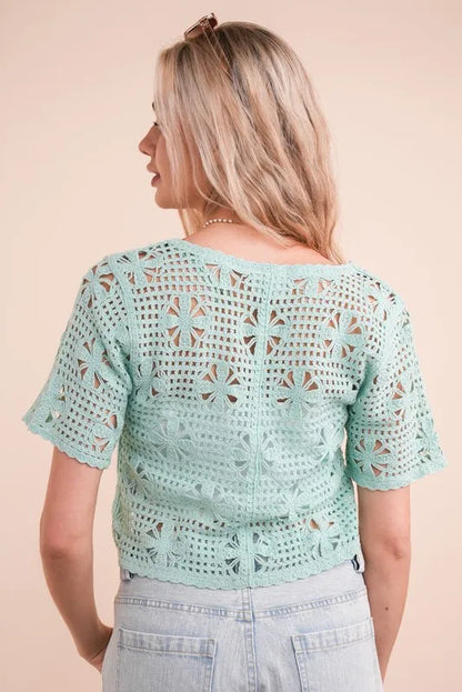 Mint green Very J crochet crop top with front tie detail, short sleeves, and a fitted style.