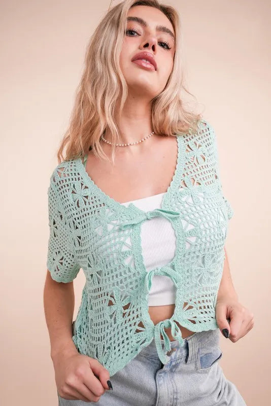 Mint green Very J crochet crop top with front tie detail, short sleeves, and a fitted style from Trendsi.