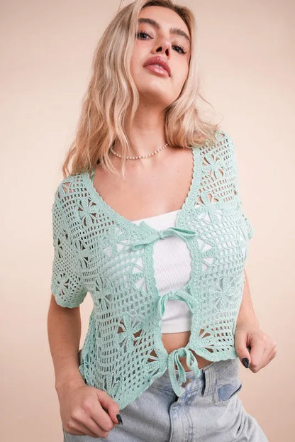 Mint green Very J crochet crop top with front tie detail, short sleeves, and a fitted style from Trendsi.