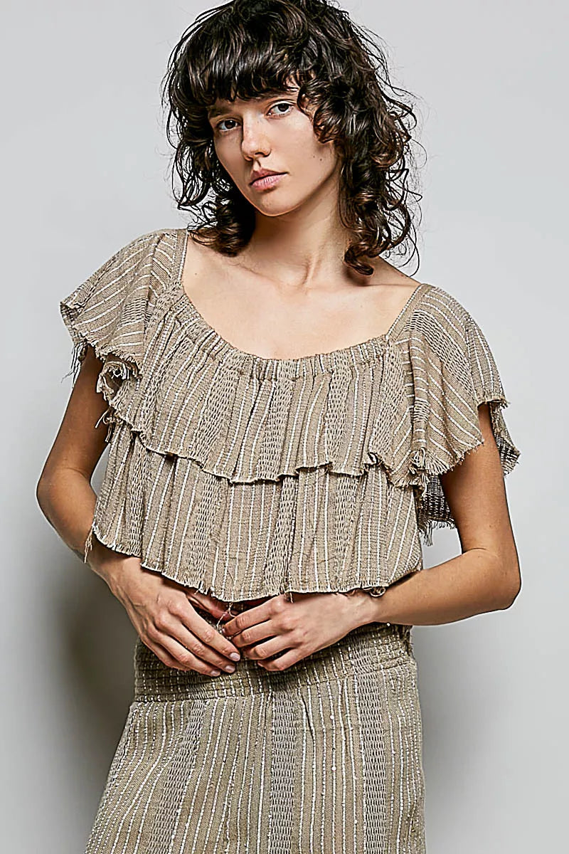 Mocha-colored POL off-shoulder ruffle crop top by Trendsi, featuring a stylish off-shoulder design and ruffle details.