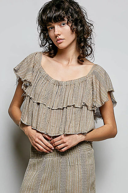 Mocha-colored POL off-shoulder ruffle crop top by Trendsi, featuring a stylish off-shoulder design and ruffle details.