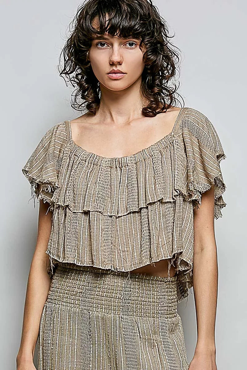 Mocha off-shoulder ruffle crop top by Trendsi, featuring a stylish, feminine design with layered ruffles and fitted silhouette.