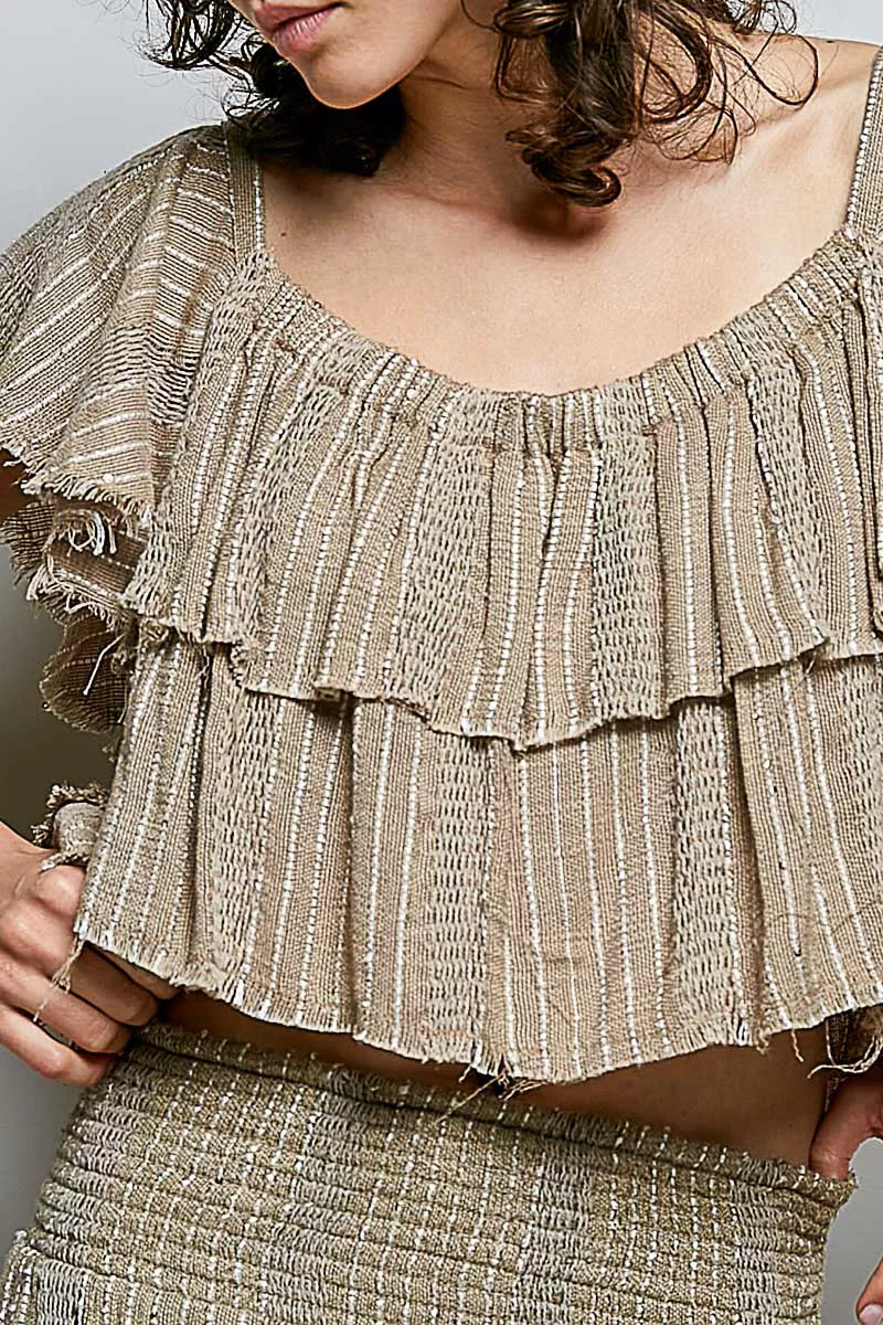 Mocha-colored POL off-shoulder ruffle crop top from Trendsi, featuring a stylish off-the-shoulder design with ruffle accents.