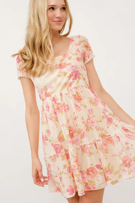 Multicolor floral fishnet dress with square neckline and tiered design by Trendsi, perfect for stylish summer or spring wear.