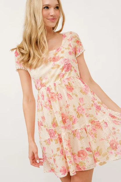 Multicolor floral fishnet dress with square neckline and tiered design by Trendsi, perfect for stylish summer or spring wear.