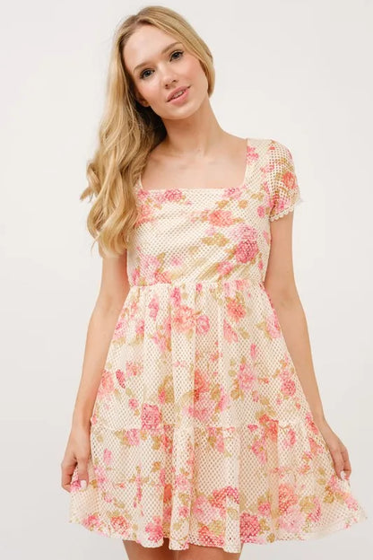 Multi-colored floral fishnet dress with square neckline and tiered design by Trendsi, perfect for stylish summer or casual wear.