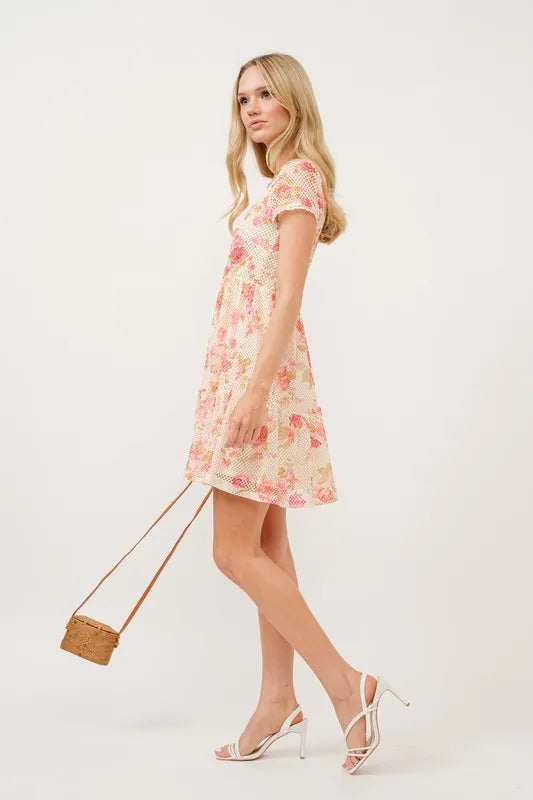 Trendsi floral fishnet dress with square neckline and tiered design, featuring a vibrant floral pattern and layered skirt.