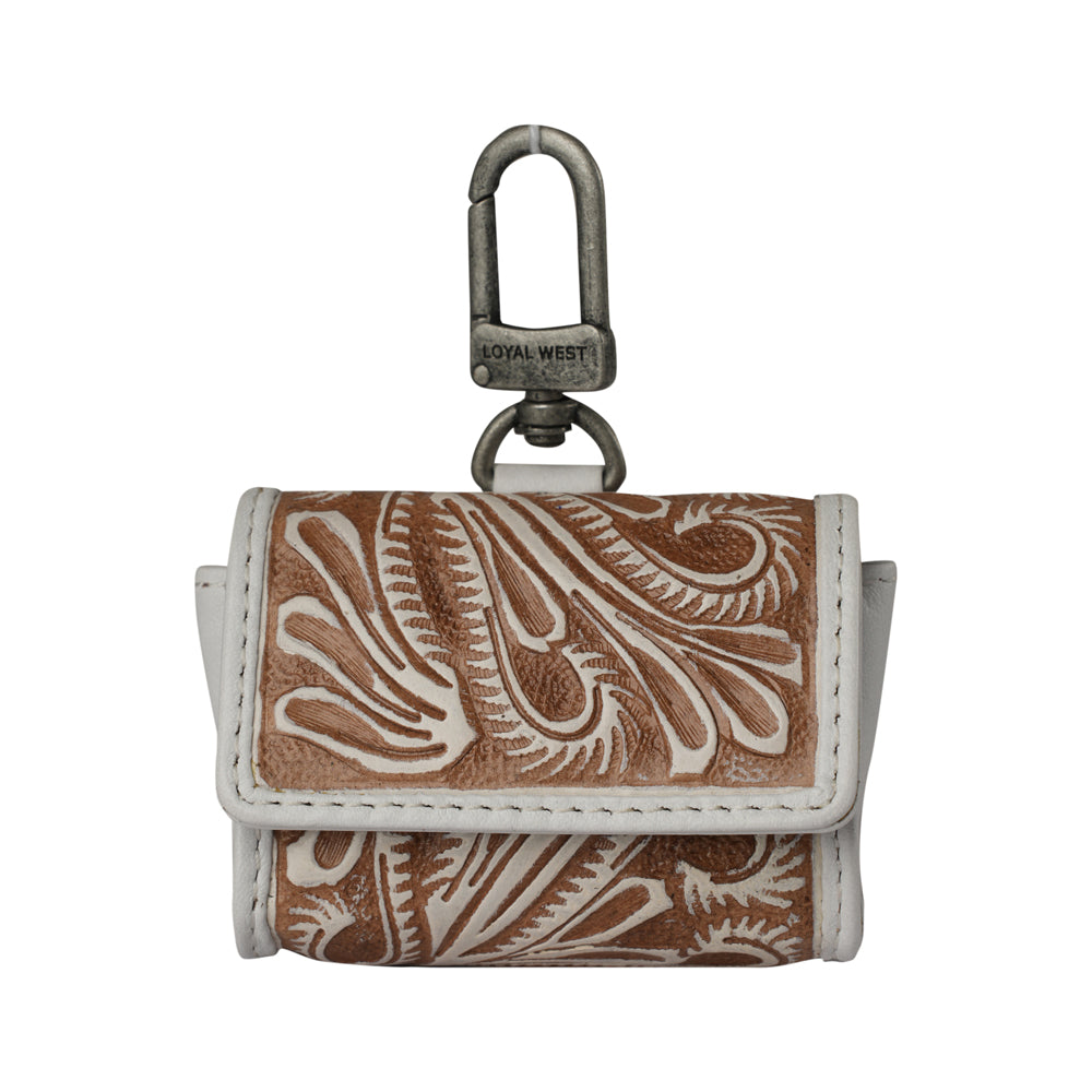 Handtooled ivory dust Gloriana clip-on bag charm by Myra USA, featuring detailed craftsmanship and elegant design.