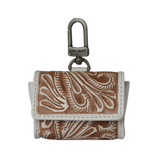 Handtooled ivory dust Gloriana clip-on bag charm by Myra USA, featuring detailed craftsmanship and elegant design.