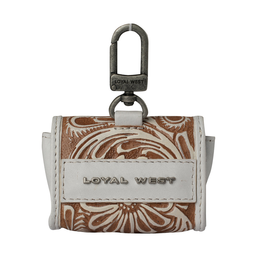 Handtooled ivory dust Gloriana clip-on bag charm by Myra USA, featuring detailed craftsmanship and elegant design.