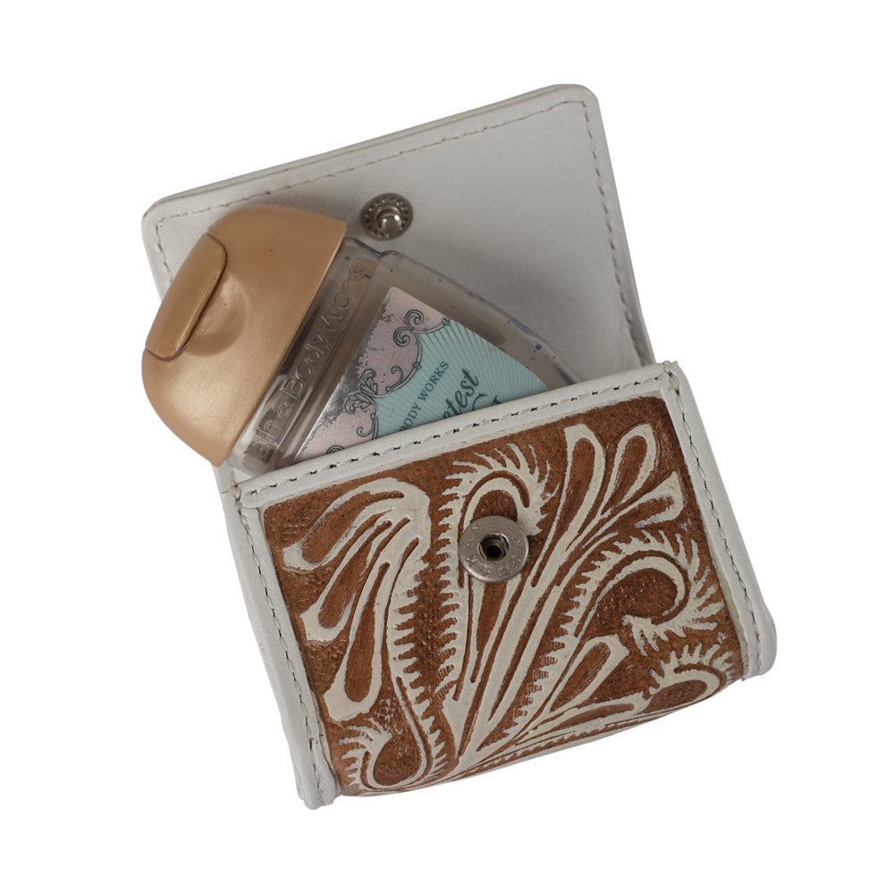 Handtooled ivory dust Gloriana clip-on bag charm by Myra USA featuring detailed craftsmanship and decorative design.