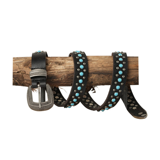 Midnight Ranger Western leather belt by Myra USA featuring calfskin material and turquoise stone accents.