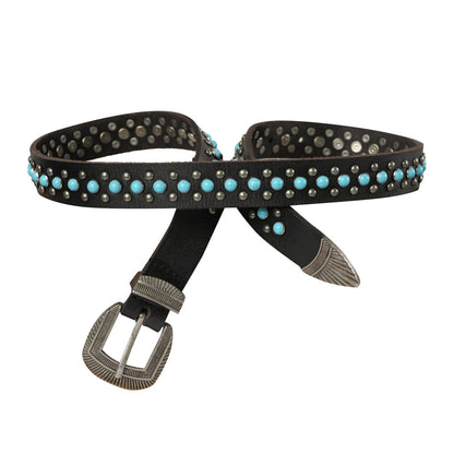 Myra USA Midnight Ranger Western leather belt with turquoise stones, calfskin strap, featuring detailed western design and turquoise accents.
