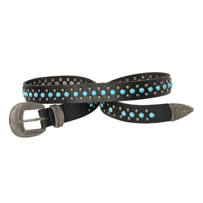 Midnight Ranger Western leather belt by Myra USA with calfskin and turquoise stone accents, featuring a detailed western buckle.