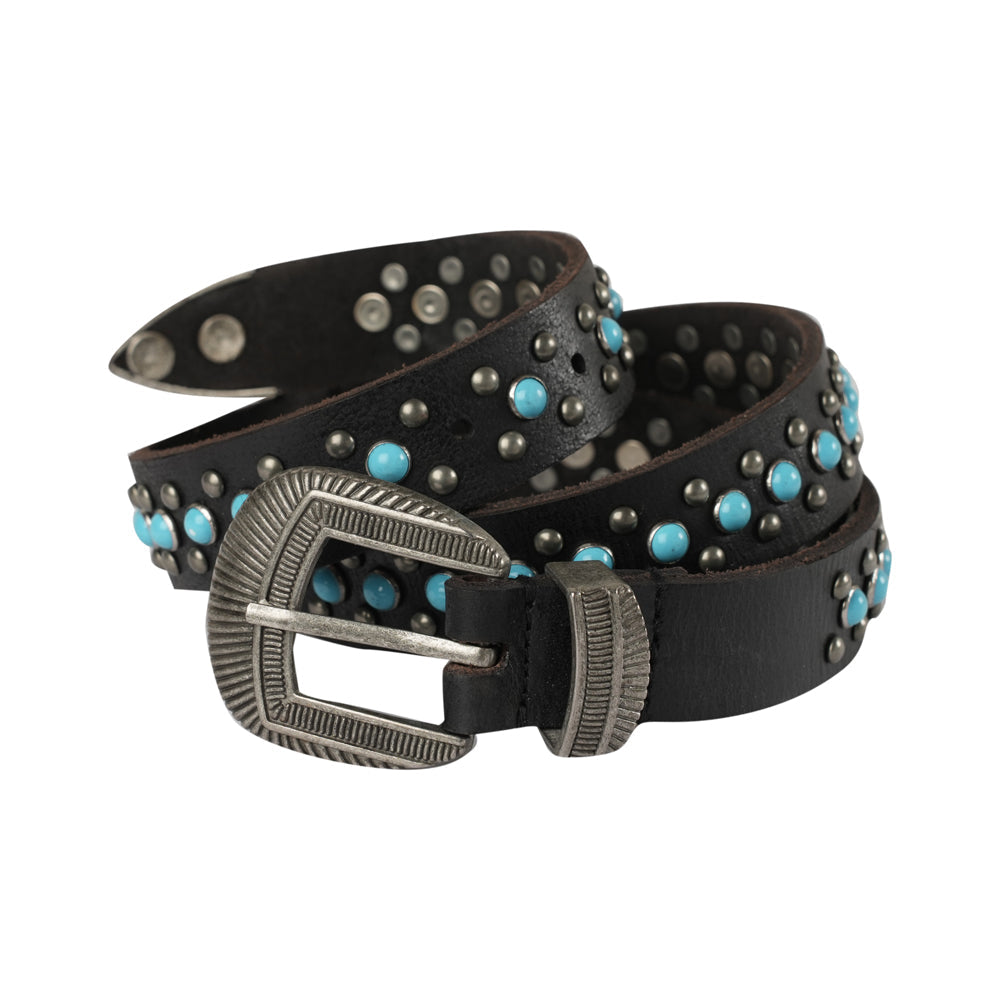 Midnight Ranger Western leather belt by Myra USA with calfskin and turquoise stone accents, showcasing detailed craftsmanship.