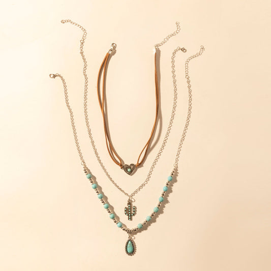 Myra USA Boho Mesa layered necklace for women with turquoise beads and cactus pendant, perfect for western-style fashion.