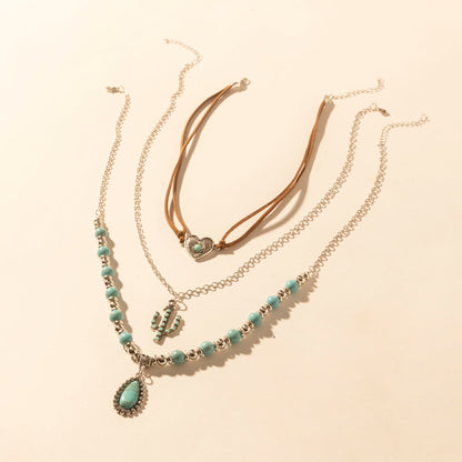 Myra USA boho layered necklace for women with turquoise beads and cactus pendant, perfect for Western wear and bohemian style.