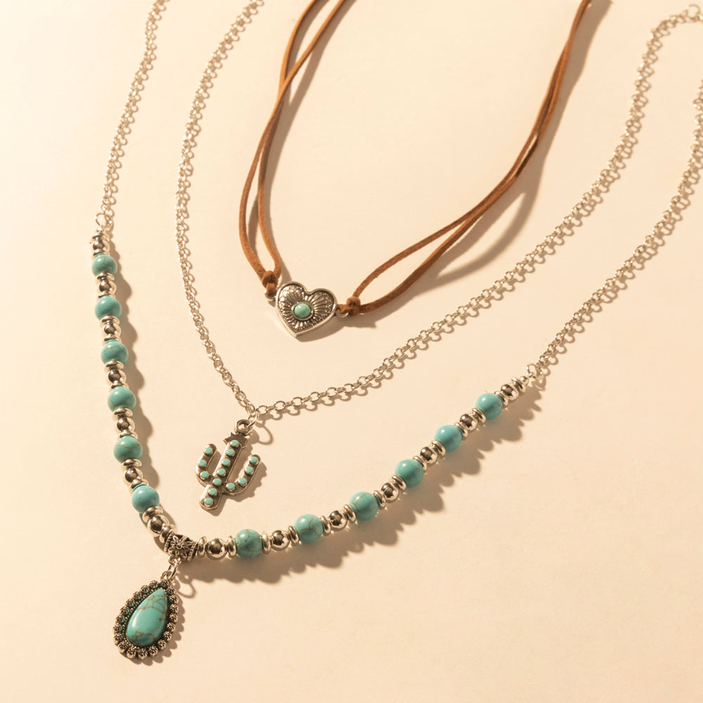 Myra USA boho layered necklace for women with turquoise beads and cactus pendant, perfect for western wear styling.