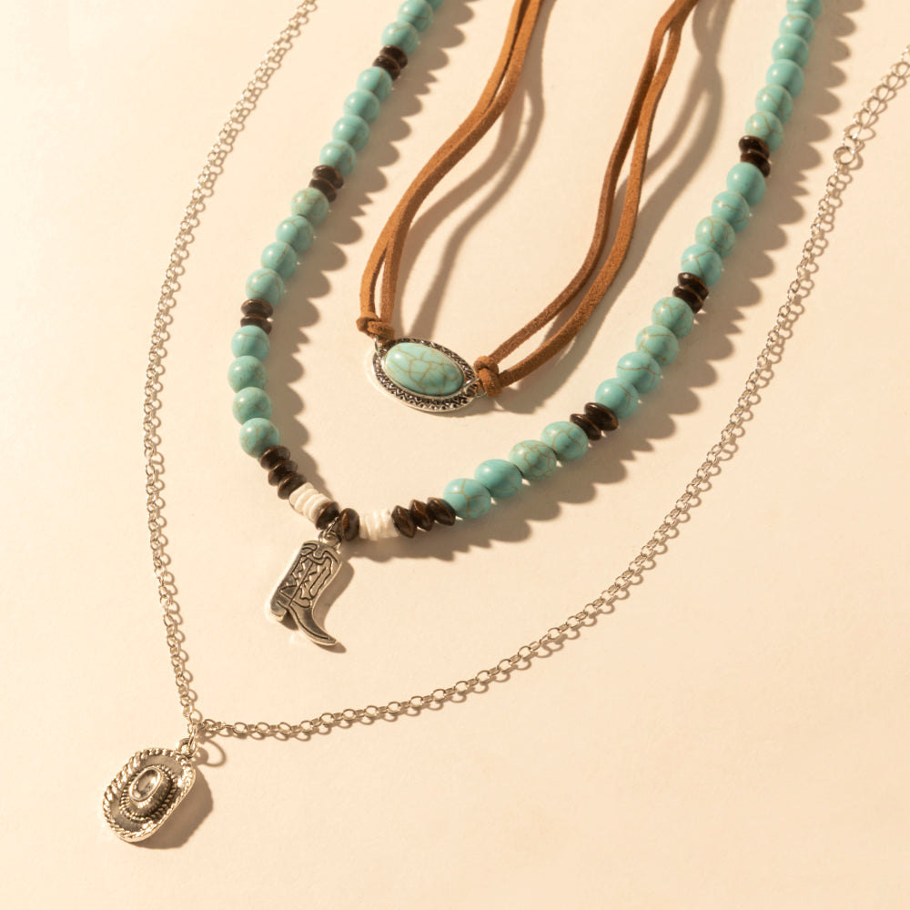Myra USA layered necklace for women with turquoise beads and horseshoe charm, perfect for western wear.