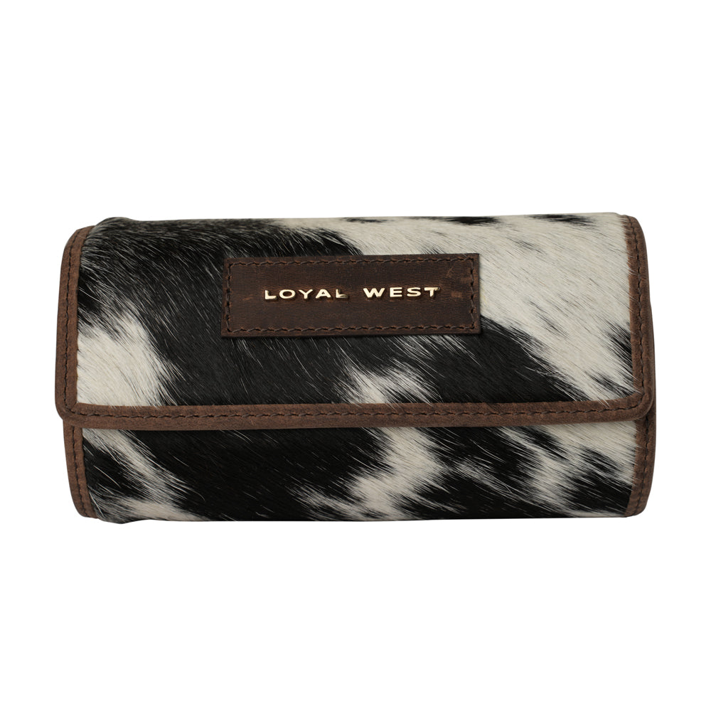Small leather Canyon Jewellery Case by Myra USA featuring black and white cowhide design for stylish jewelry storage.