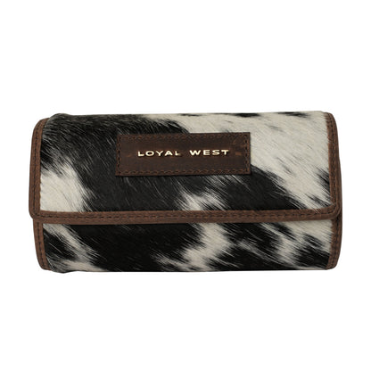 Small leather Canyon Jewellery Case by Myra USA featuring black and white cowhide design for stylish jewelry storage.