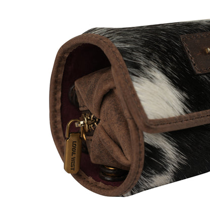 Small leather Canyon Jewellery Case by Myra USA in black and white cowhide, compact and stylish for jewelry storage.