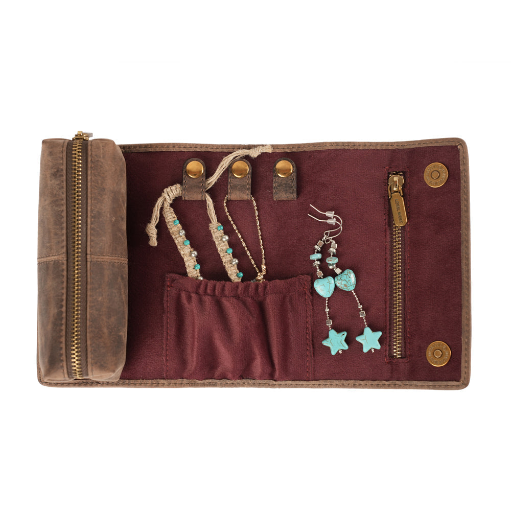 Small black and white cowhide leather jewellery case by Myra USA, featuring stylish and compact design for jewelry storage.
