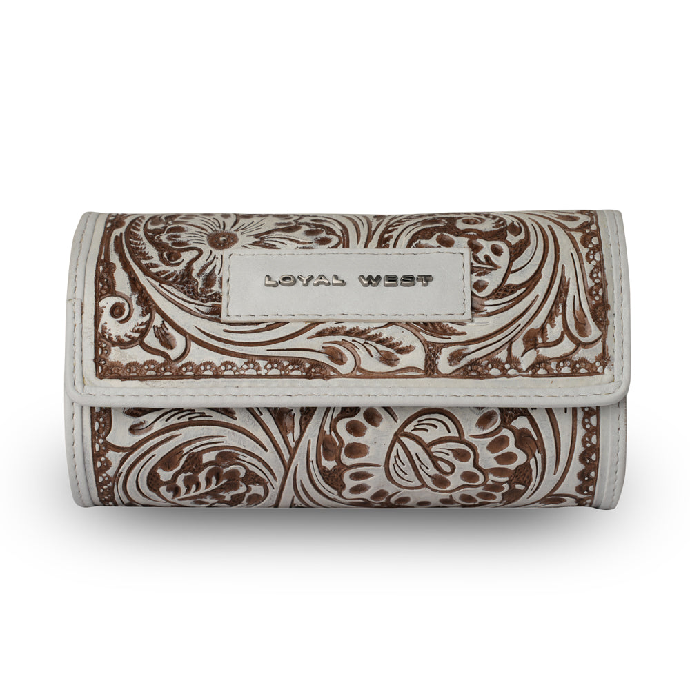 Small leather jewelry case by Myra USA in Ivory Dust with handtooled canyon design, compact and stylish jewelry storage.