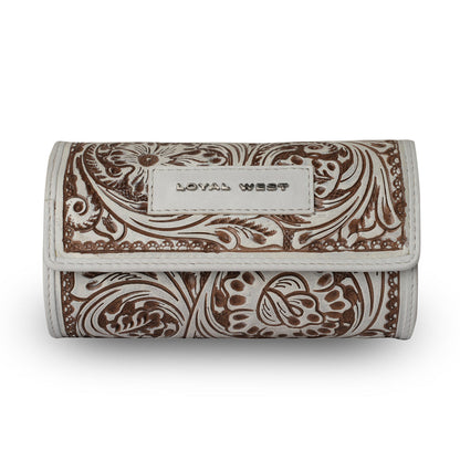 Small leather jewelry case by Myra USA in Ivory Dust with handtooled canyon design, compact and stylish jewelry storage.