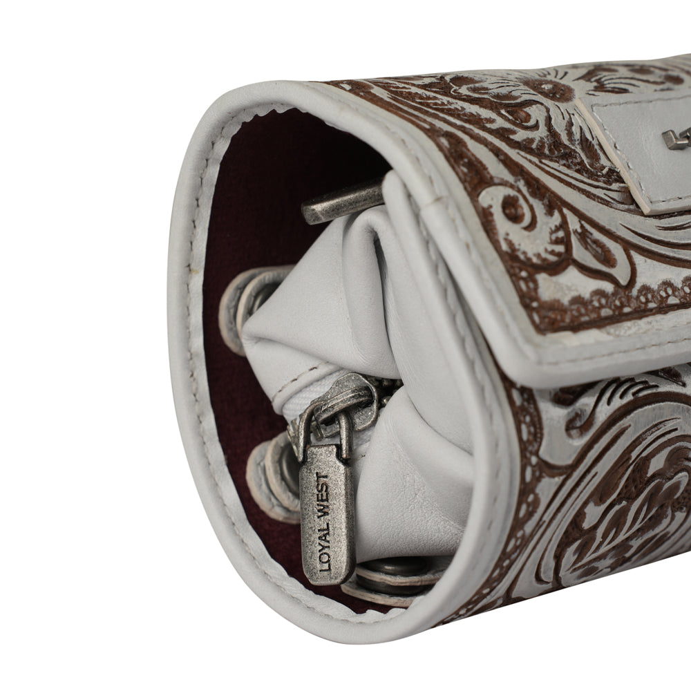 Small ivory dust leather jewellery case by Myra USA with hand-tooled canyon design, compact and stylish for jewelry storage
