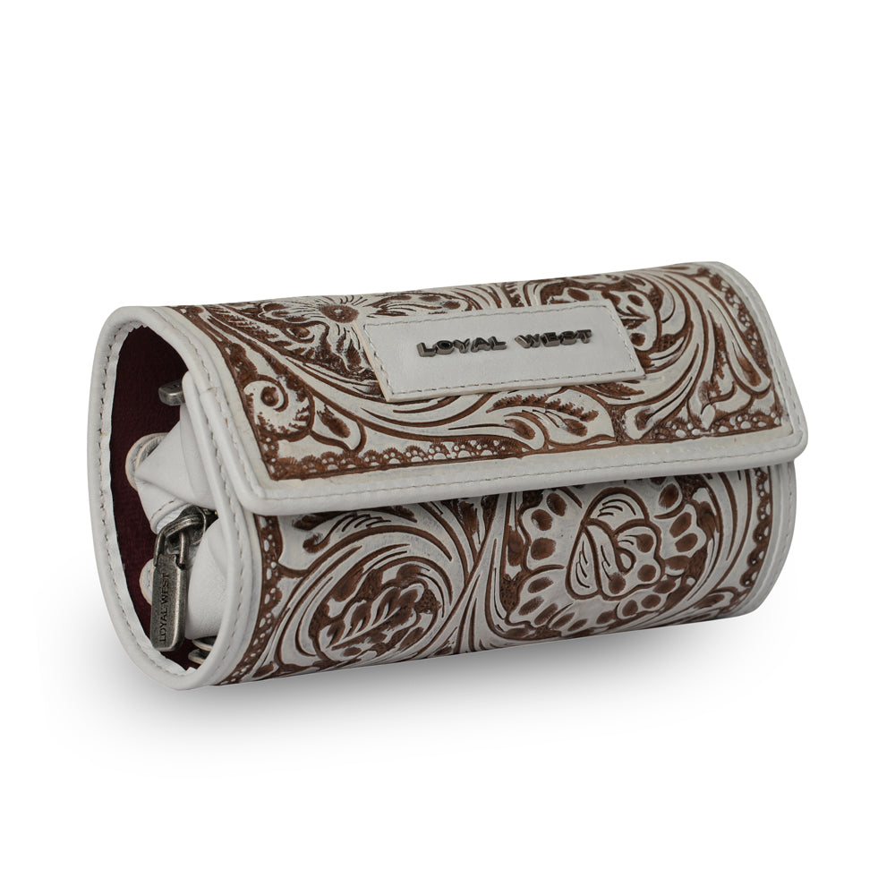 Small leather jewelry case by Myra USA in Ivory Dust with hand-tooled canyon design, compact and stylish for organizing jewelry.